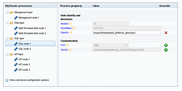 The default value for an SQL process attribute has been overridden, as indicated with the X button.