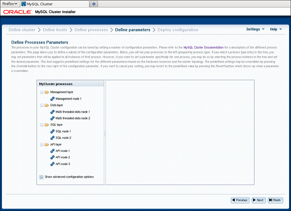 MySQL Cluster Auto-Installer Define Attributes screen.