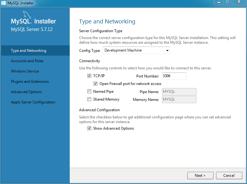 MySQL Installer- MySQL Server Configuration: Type and Networking