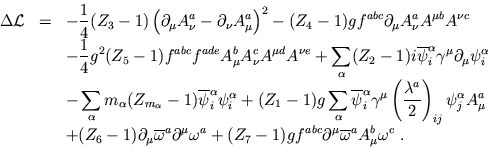 \begin{eqnarray}
\Delta {\cal L}&=&- {1 \over 4}(Z_3-1)\left( \partial_{\mu} A_{...
 ...\partial^{\mu} \overline{\omega}^a A_{\mu}^b
\omega^c \ .\nonumber\end{eqnarray}