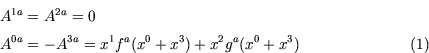 \begin{eqnarray}
&&A^{1a}=A^{2a}=0 \cr
\vbox to 20 pt{}&&A^{0a}=-A^{3a}=x^1 f^a(x^0+x^3)+x^2 g^a(x^0+x^3) \end{eqnarray}